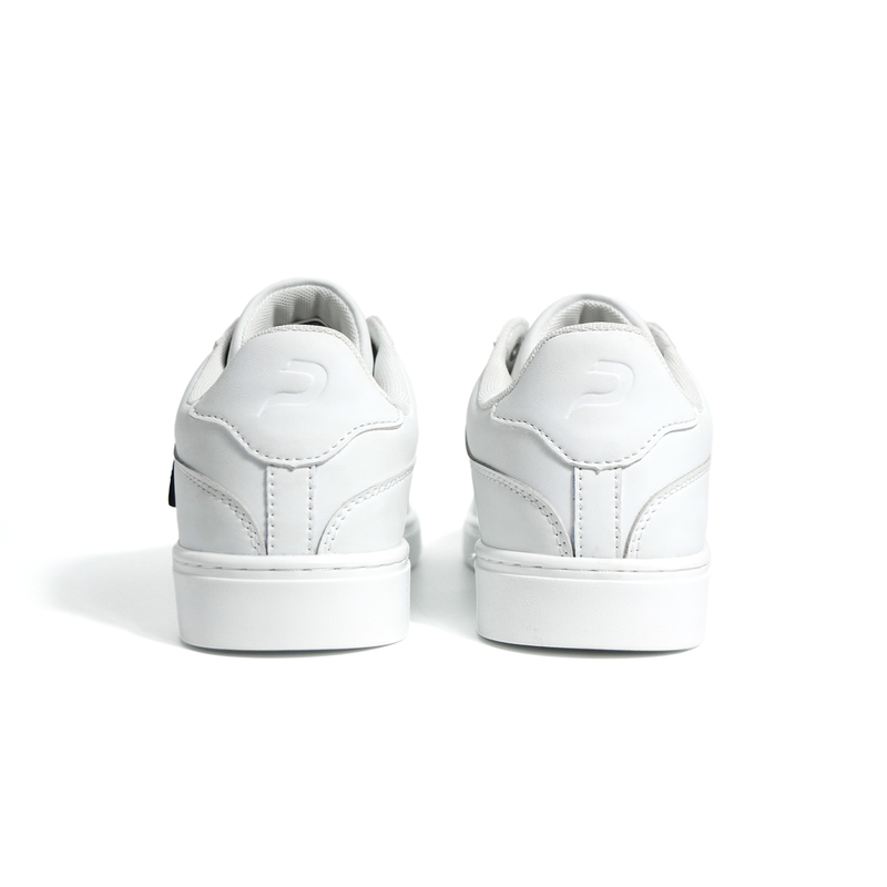 Back view product shot of white Pulse Dance Shoes dance sneakers with heel logos and clean white soles on a white background