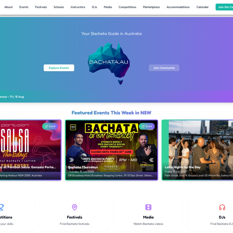 Bachata.au homepage screenshot with a Your Bachata Guide in Australia banner and Sydney event posters